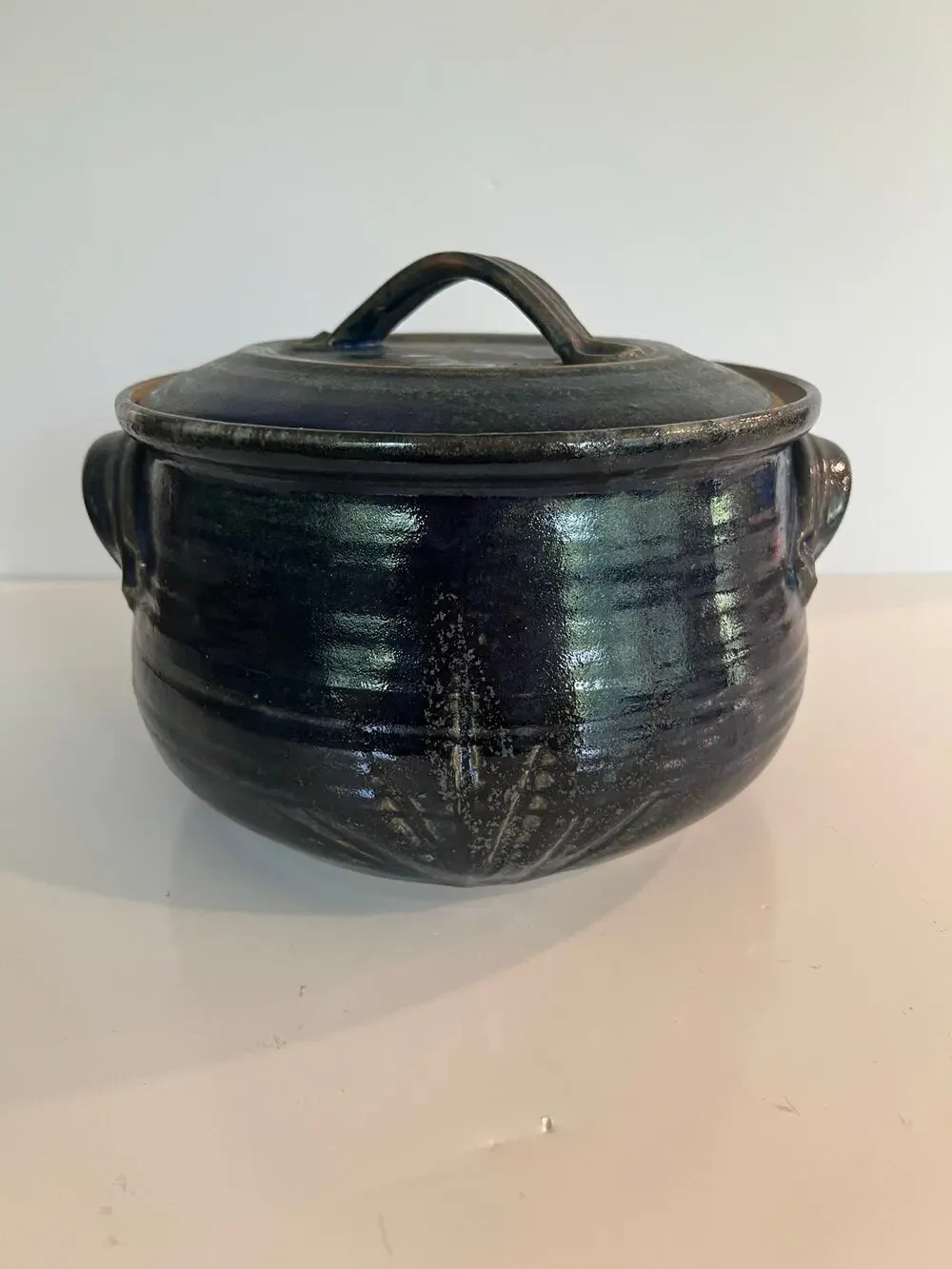 Rare Vintage Richard Sanderson Toad Hill Pottery NH Casserole Pot w Lid Blue JL
